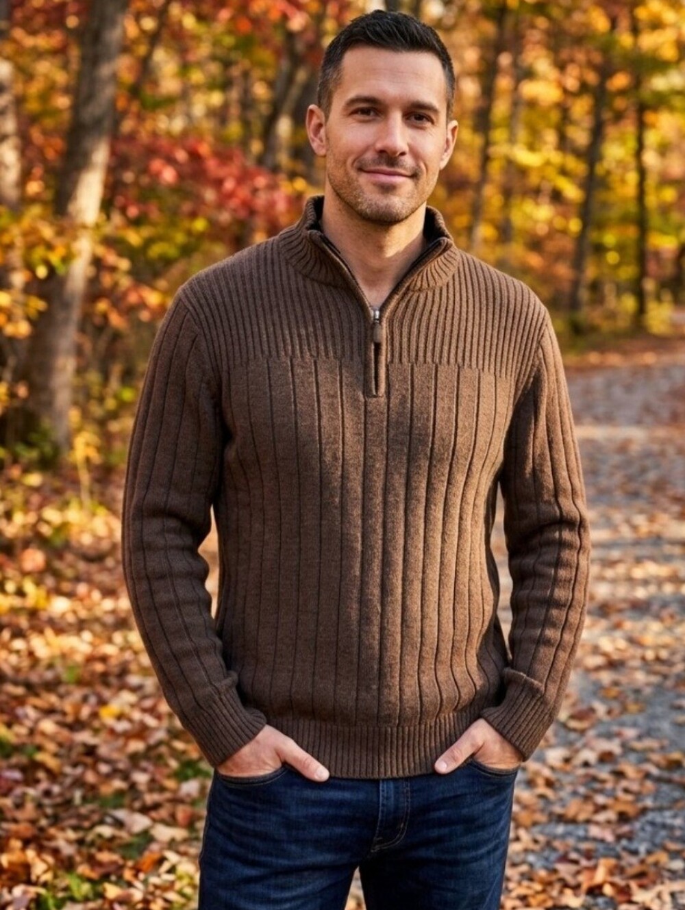 Covington 100% Cotton Men's Brown Half-Zip Ribbed Sweater